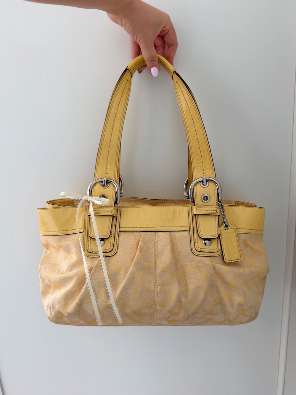Pastel Yellow Coach Signature SoHo Pleated Shoulder Bag
